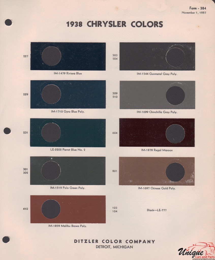 1938 Chrysler Paint Charts PPG 1